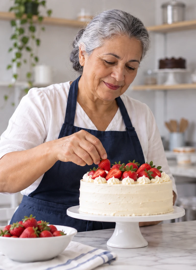 Confeiteira decorando um bolo com morangos em seu ateliê