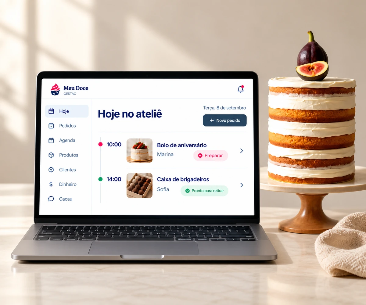 Meu Doce aberto em um notebook ao lado de um bolo artesanal